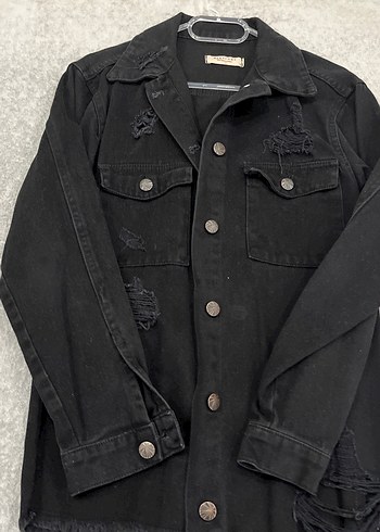 Düğmeli Siyah Kadın Uzun Kot Ceket - Görsel 5