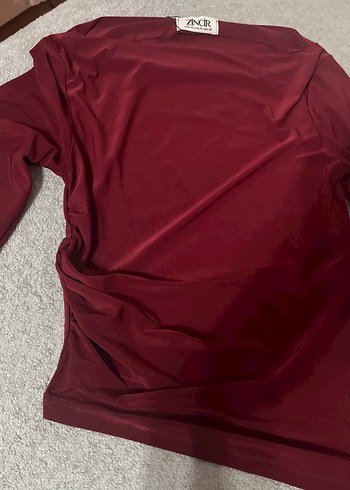 Bordo Uzun Kollu Drapeli Kadın Bluz - Görsel 2