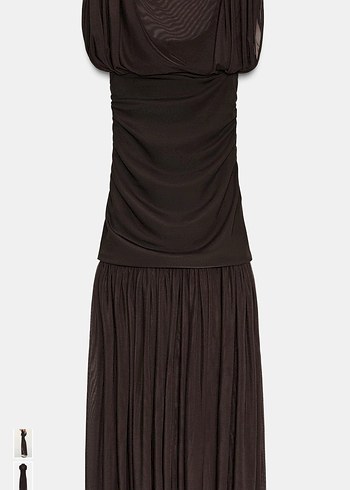 Zara kahverengi Uzun Drapeli Yüksek Yakalı Elbise - Görsel 6