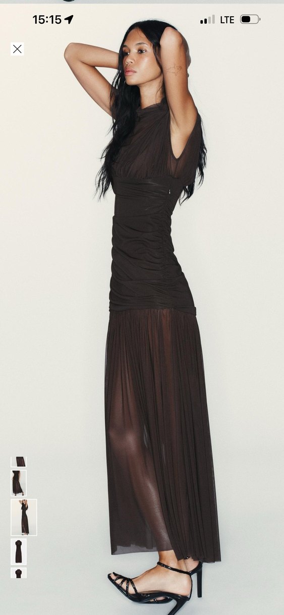 Zara kahverengi Uzun Drapeli Yüksek Yakalı Elbise - Görsel 4