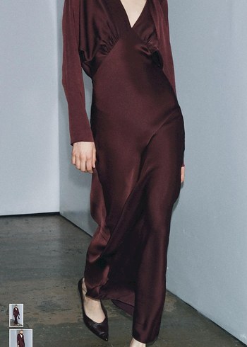 Zara Bordo Uzun V Yaka Drapeli Kadın Elbise - Görsel 2
