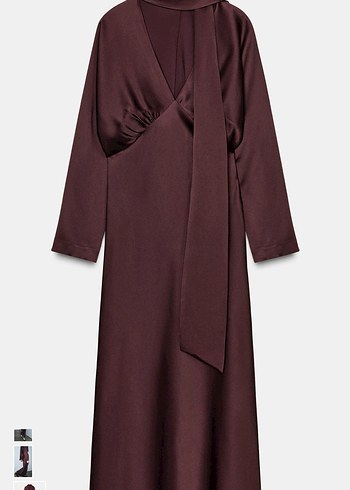Zara Bordo Uzun V Yaka Drapeli Kadın Elbise - Görsel 4