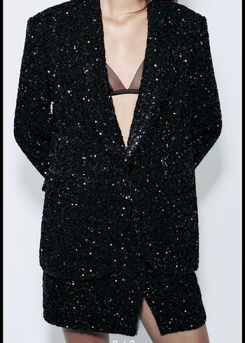 Zara Zara Simli Siyah Midi Kadın Blazer Ceket