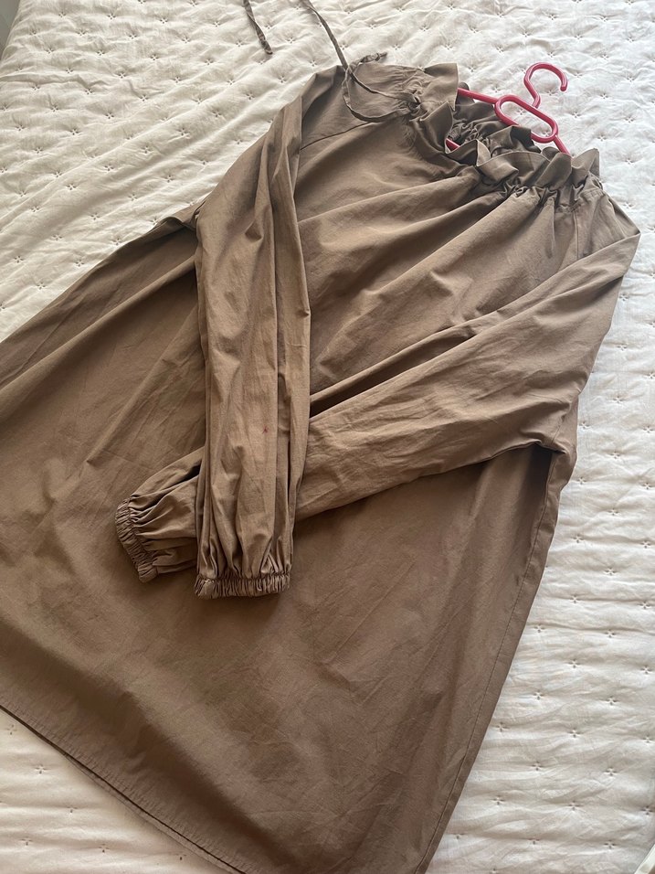 Bej Keten Kadın Tunik Ruffle Detaylı m-l beden - Görsel 2