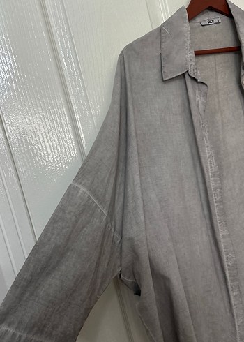 Gri Keten Kadın Düğmeli Gömlek - Görsel 3
