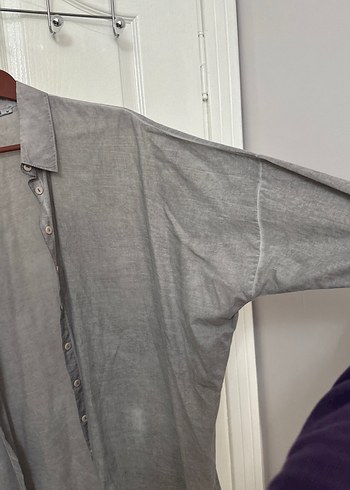 Gri Keten Kadın Düğmeli Gömlek - Görsel 4