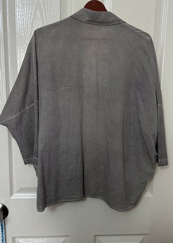 Gri Keten Kadın Düğmeli Gömlek - Görsel 5