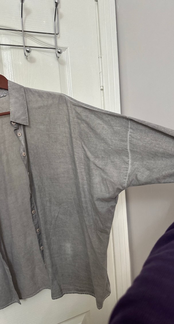 Gri Keten Kadın Düğmeli Gömlek - Görsel 4