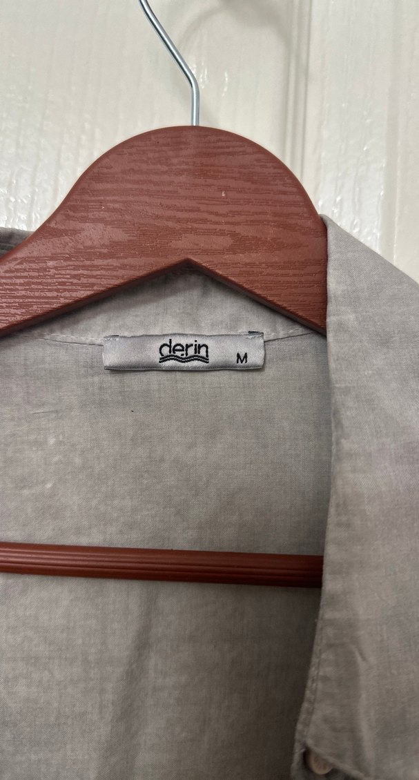 Gri Keten Kadın Düğmeli Gömlek - Görsel 2