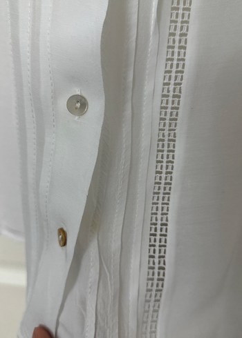 Düğmeli Beyaz Kısa Kollu Keten Gömlek - Görsel 5