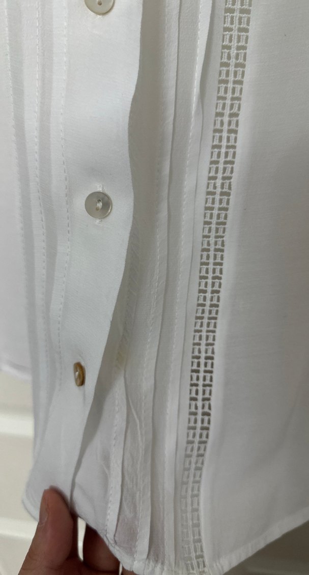 Düğmeli Beyaz Kısa Kollu Keten Gömlek - Görsel 5