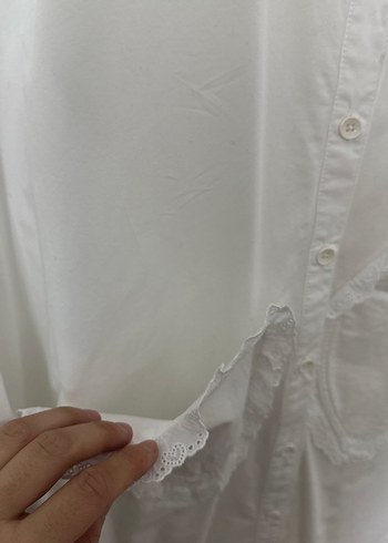 Uzun Kollu Beyaz Keten Gömlek Elbise - Görsel 3