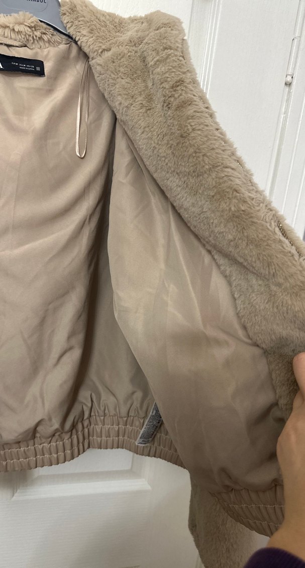 Bej Kapüşonlu Kadın Peluş Ceket - Görsel 3