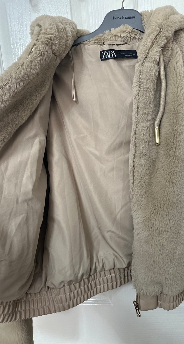 Bej Kapüşonlu Kadın Peluş Ceket - Görsel 2