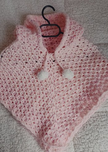 Kapüşonlu Pembe Kız Çocuk Örgü Panço - Görsel 3