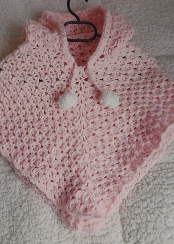 Kapüşonlu Pembe Kız Çocuk Örgü Panço - Görsel 4