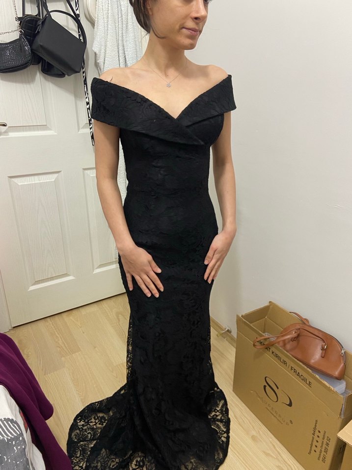 Siyah Drapeli Uzun Kadın Abiye Elbise - Görsel 2