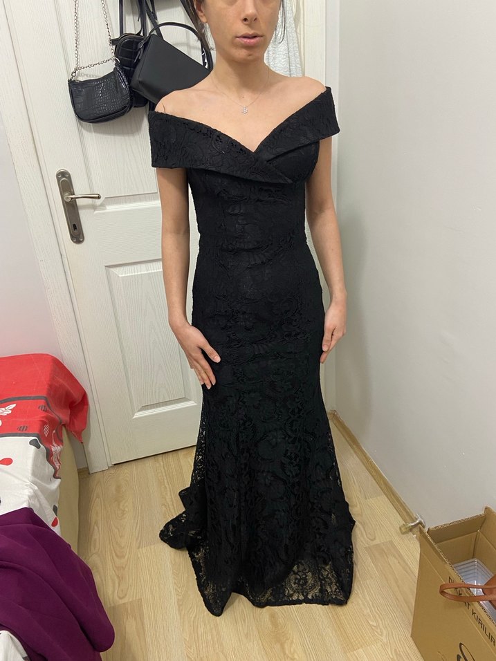 Siyah Drapeli Uzun Kadın Abiye Elbise - Görsel 5