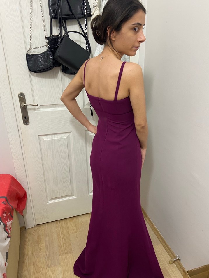 Bordo Uzun Askılı Kadın Abiye Elbise - Görsel 2