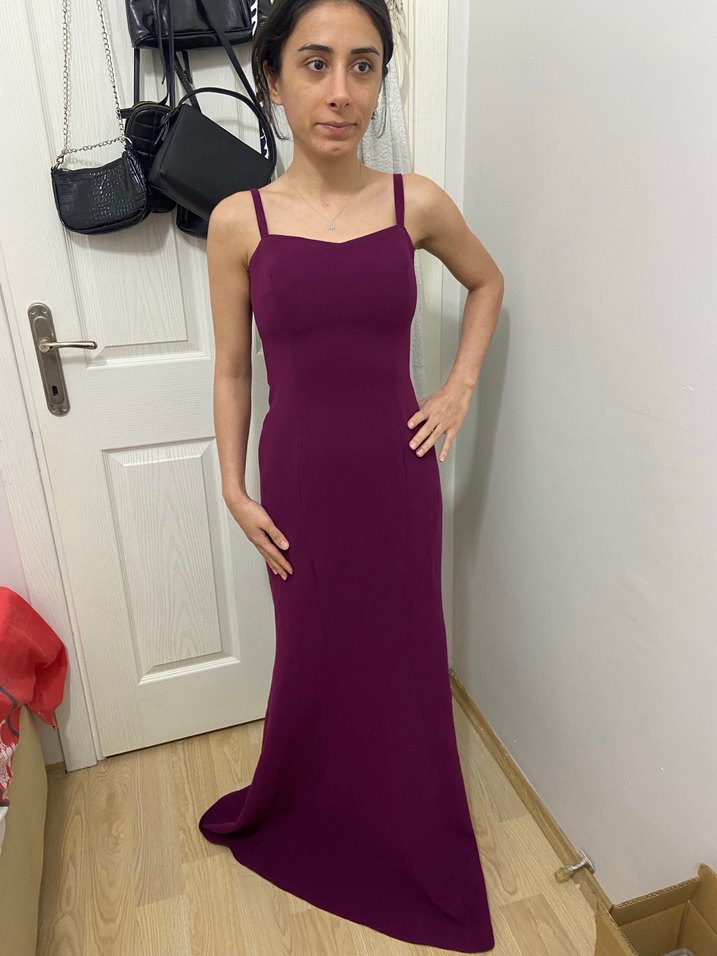 Bordo Uzun Askılı Kadın Abiye Elbise - Görsel 3