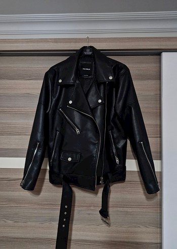 Pull&Bear Kadın Siyah Oversize Deri Biker Ceket