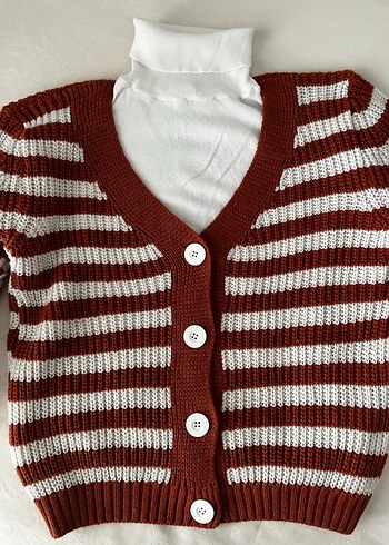 Çizgili Kahverengi Triko Hırka - Görsel 2