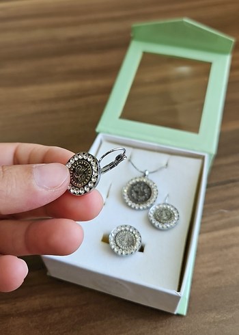 Beden gri Renk Gümüş Renkli Taş Detaylı Vintage Takı Seti