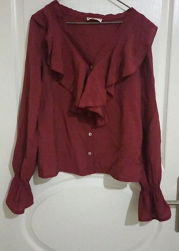 Bordo V Yaka volanlı bordo Kadın Gömlek