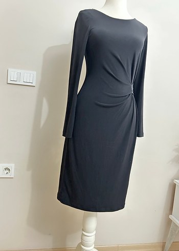 Kemer Detaylı Klasik Siyah Midi Elbise - Görsel 4