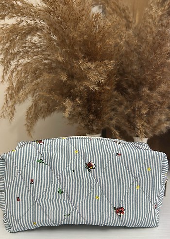 Nakışlı Mavi Çizgili makyaj çantası - Görsel 6