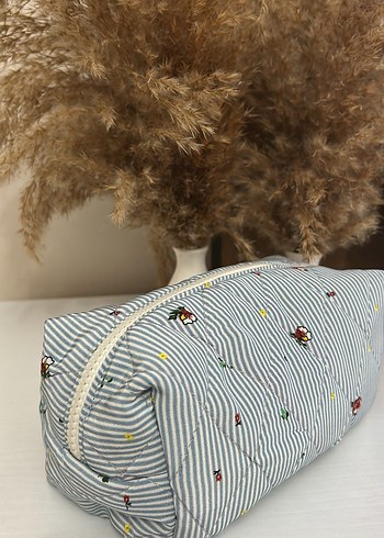 Nakışlı Mavi Çizgili makyaj çantası - Görsel 7