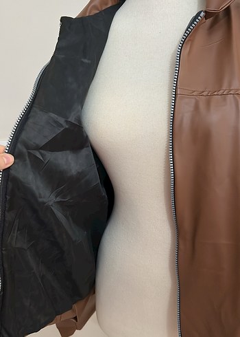 Kadın Kahverengi Deri Fermuarlı Ceket - Görsel 5