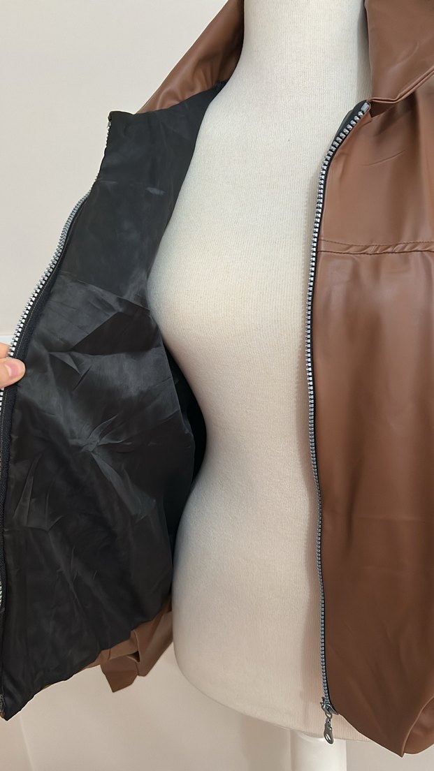 Kadın Kahverengi Deri Fermuarlı Ceket - Görsel 5