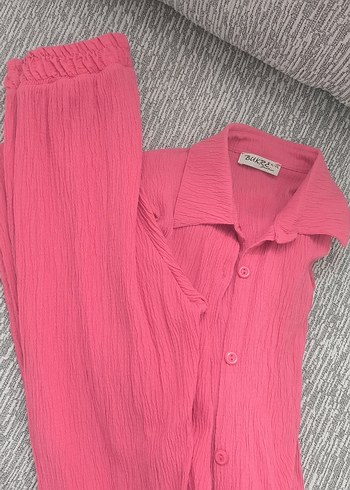 Diğer Pembe Keten Uzun Kollu Kadın Gömlek ve alt pantolon takımı