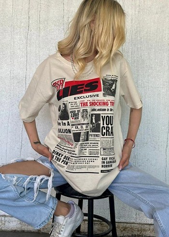 Diğer Baskılı Oversize Beyaz Kadın Tişört