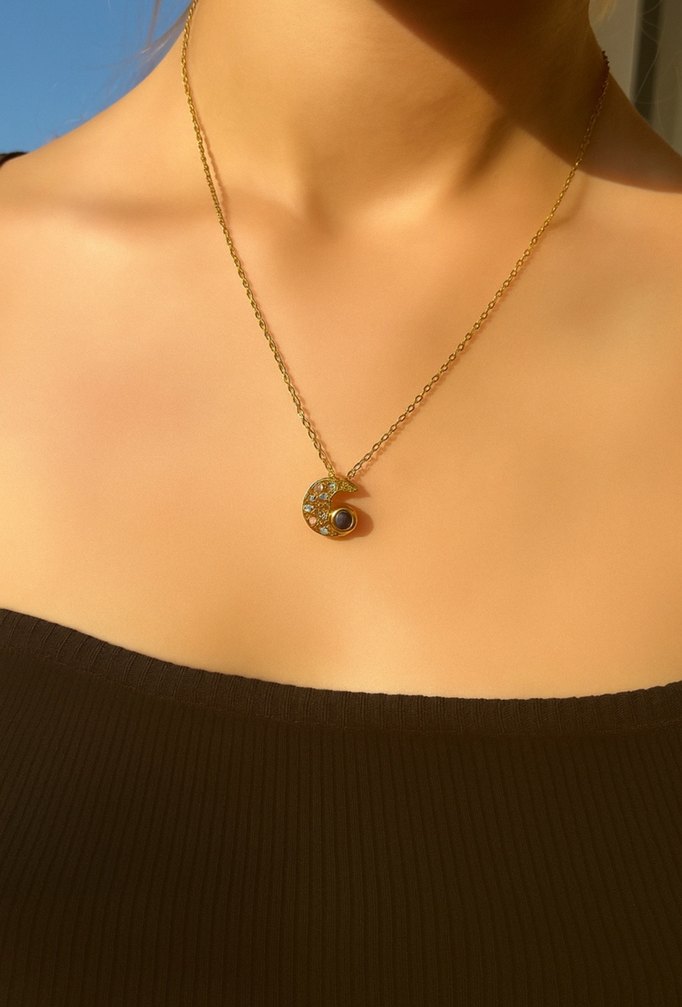 Gold Çelik 100 Dilde Seni Seviyorum Mavi Taşlı Ay Kolye - Görsel 2