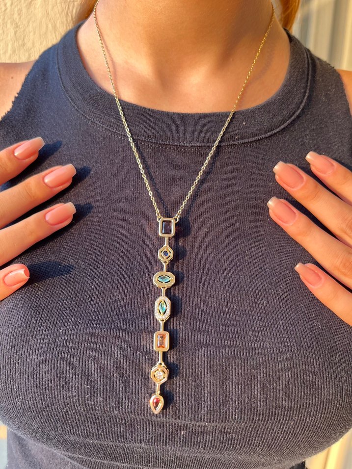 Yedi Element Taşlı Y Kolye  Paslanmaz Çelik - Görsel 2