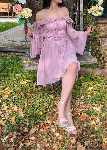 Pudra pembe Renk midi straplez elbise - Görsel 2