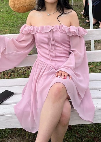 Pudra pembe Renk midi straplez elbise - Görsel 3