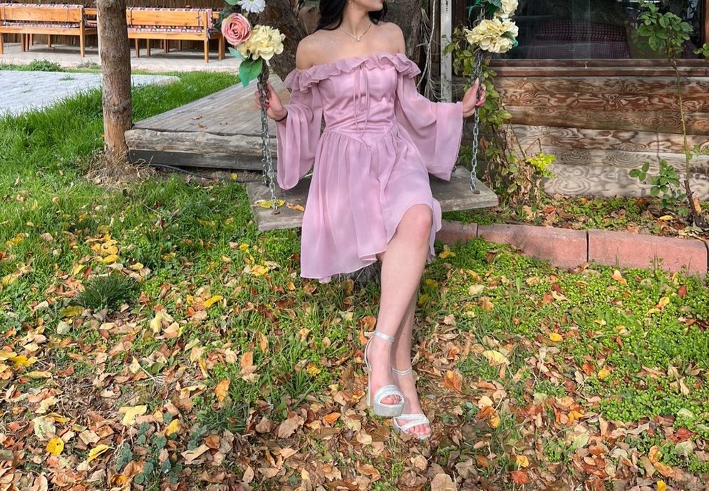 Pudra pembe Renk midi straplez elbise - Görsel 2