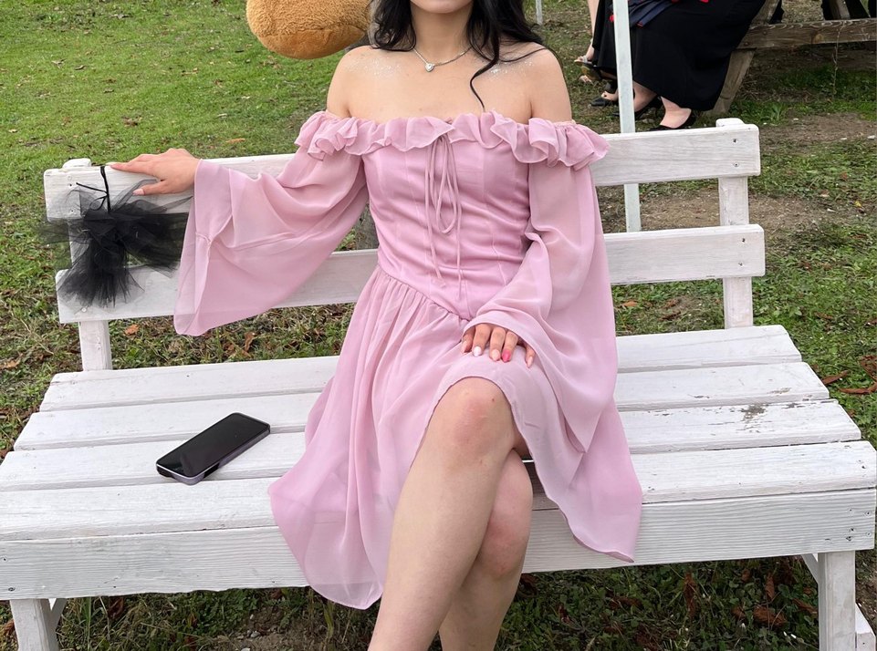 Pudra pembe Renk midi straplez elbise - Görsel 3