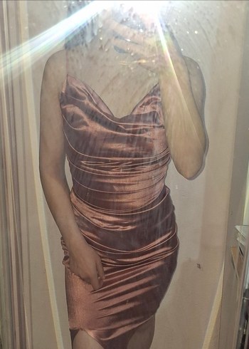 Pembe Drapeli V Yaka Uzun yırtmaçlı Abiye Elbise - Görsel 2