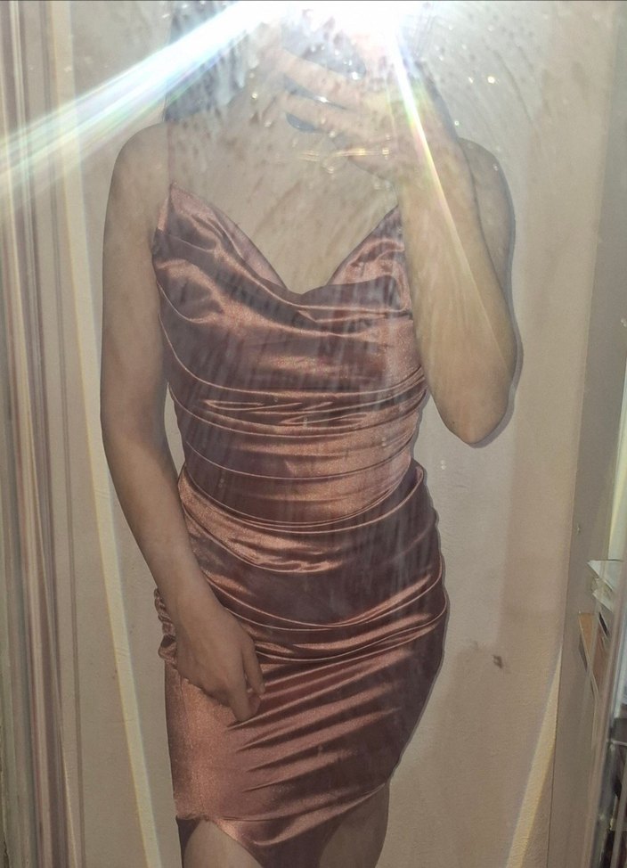 Pembe Drapeli V Yaka Uzun yırtmaçlı Abiye Elbise - Görsel 2