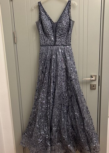 V Yaka Mor Payetli Uzun Abiye Elbise Nişanlık - Görsel 2