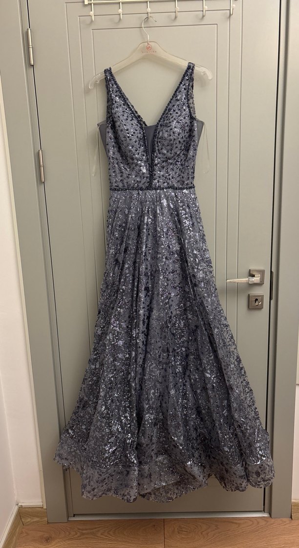 V Yaka Mor Payetli Uzun Abiye Elbise Nişanlık - Görsel 2