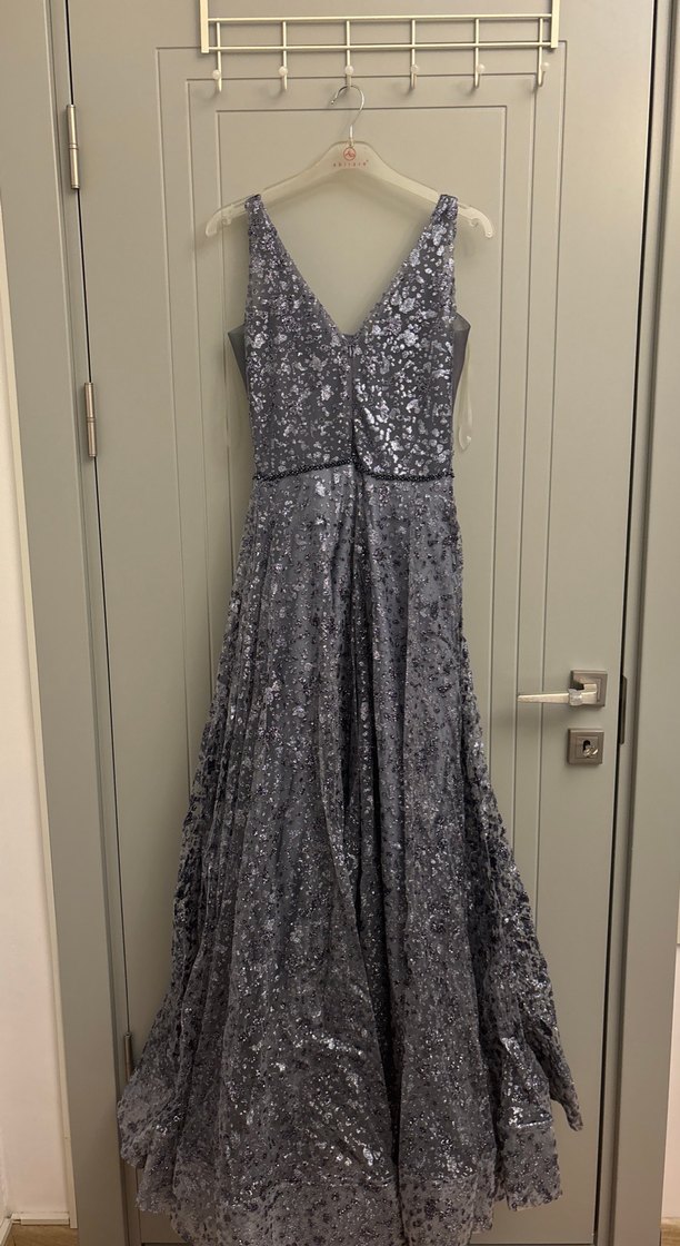 V Yaka Mor Payetli Uzun Abiye Elbise Nişanlık - Görsel 3