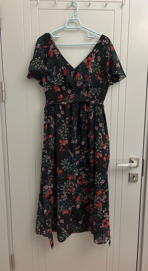 Çiçek Desenli V Yaka Midi Elbise - Görsel 2