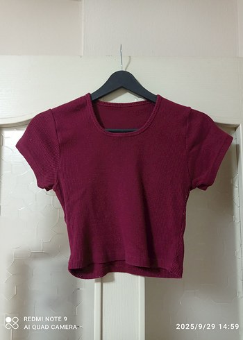 Bordo Kadın Kısa Kollu Crop Top