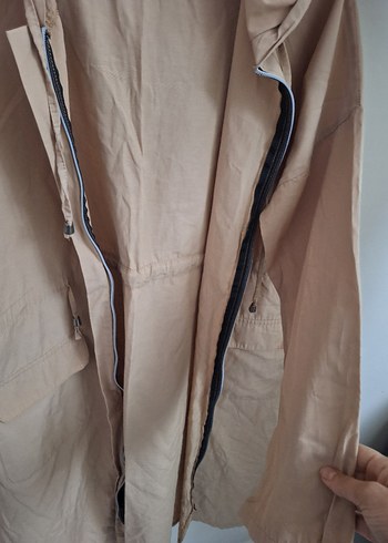 Bej Uzun Kesim kapşonlu Keten Ceket - Görsel 5