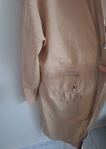 Bej Uzun Kesim kapşonlu Keten Ceket - Görsel 3
